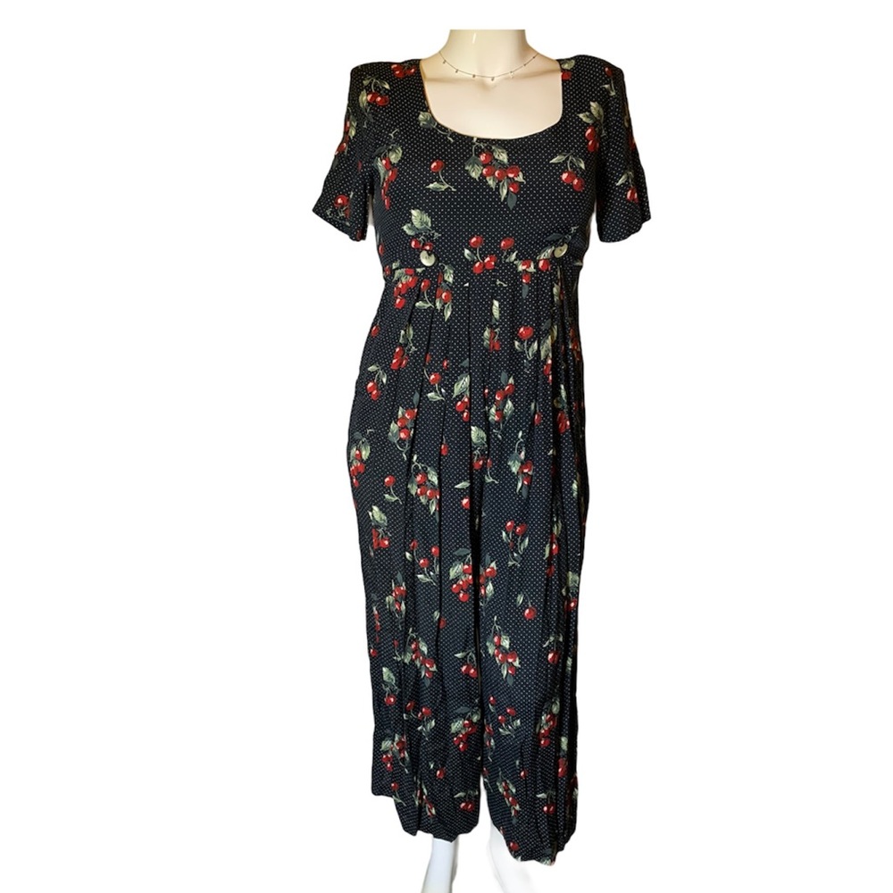 60's Dark Blue Cherry Polka Dot Print Jumpsuit